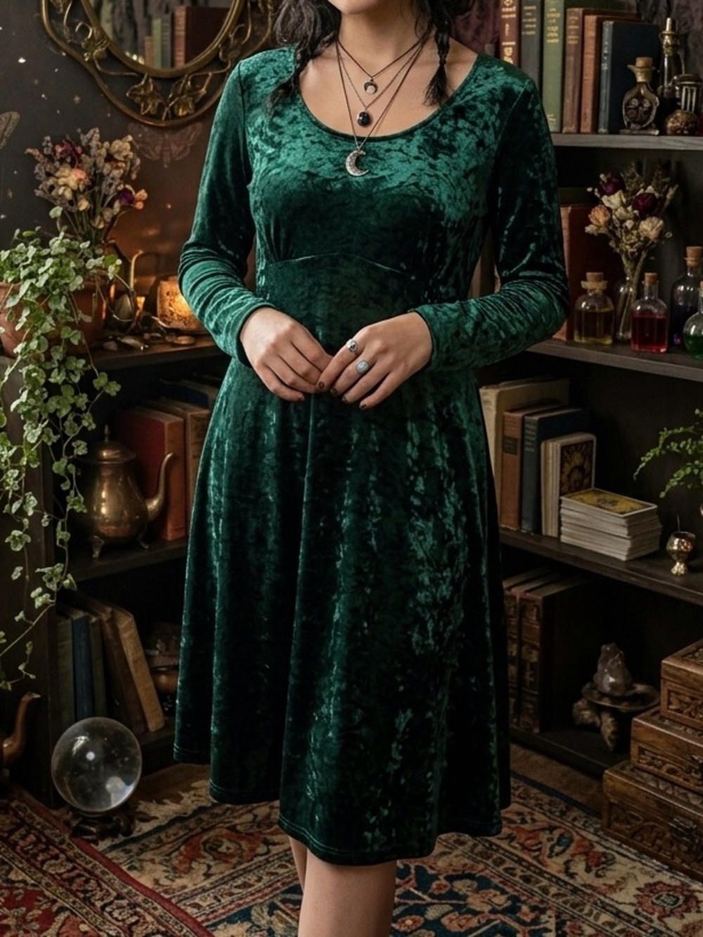 Vintage 90s Jamie Brooke Green Crushed Velvet Skater Dress